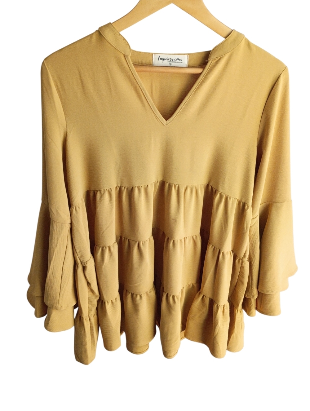 Impressions Tan Longsleeve Ruffle Top Size Small